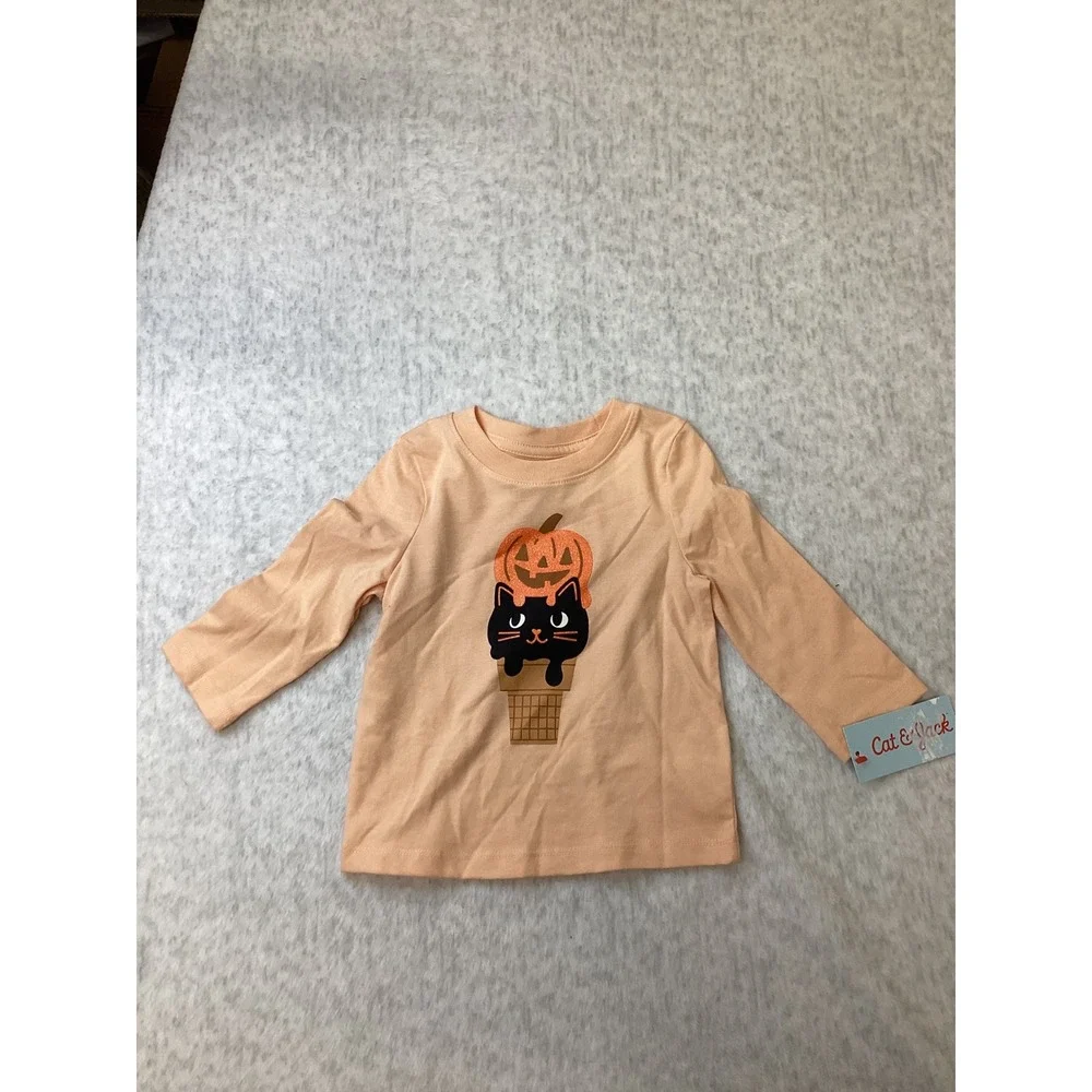 Cat & Jack Baby Girls 12M Peach Halloween Cat Pumpkin Ice Cream Long Sleeve Tee